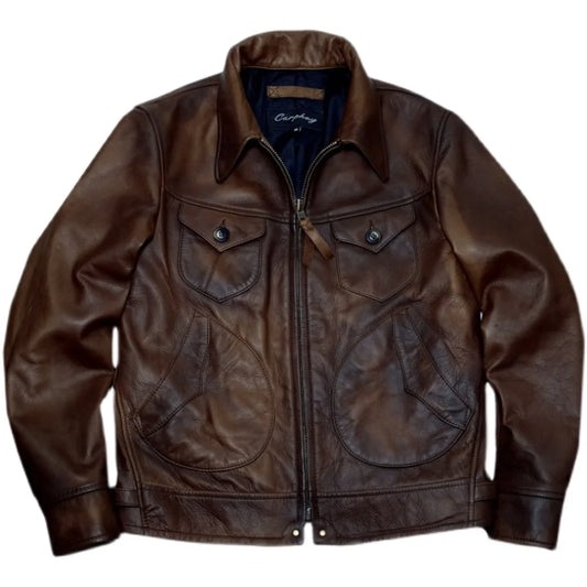 Famous Brown Leather Cowhide Jacket for Men 1920's Mendoza Classic Cowboy Motorcycle Coat Short Slim Vintage Outfit