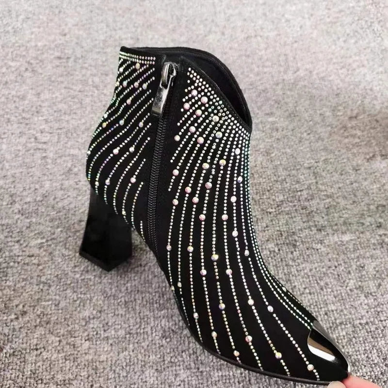 2024 New Women Rhinestone Ankle Boots,Fashion Autumn/Winter Shoes,Shine Short Botas,Side Zip,Pointed Toe,Black