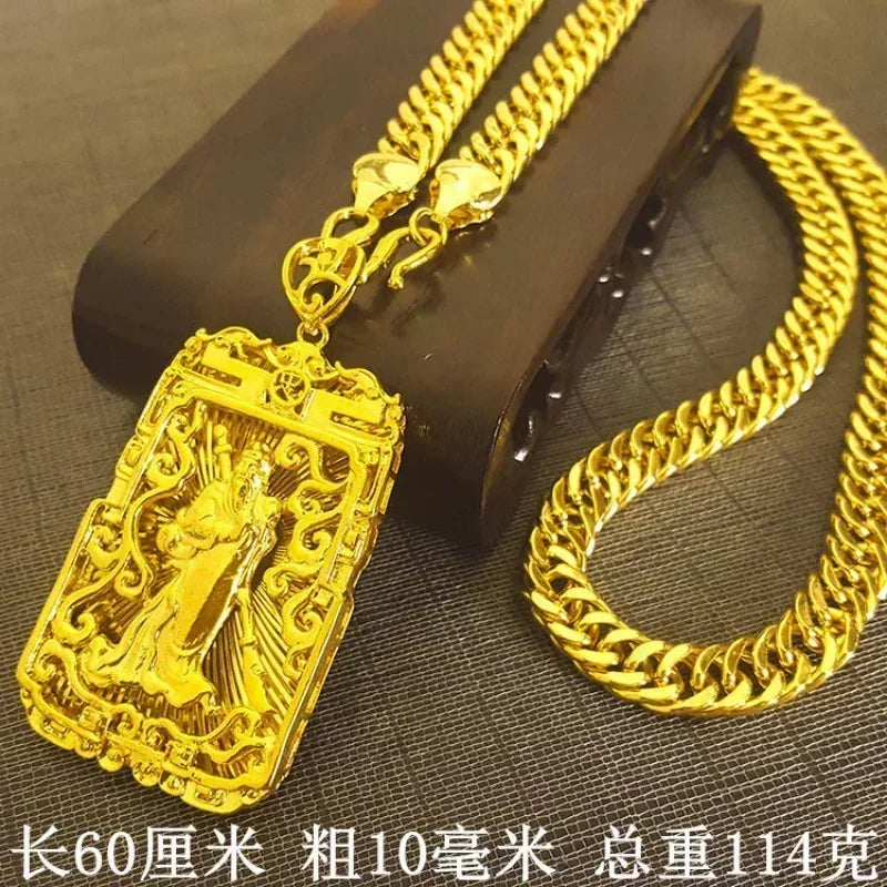 Famous Brown 24K Gold Necklace Men Dragon Guan Gong Pendant 9999 Real Gold Necklace