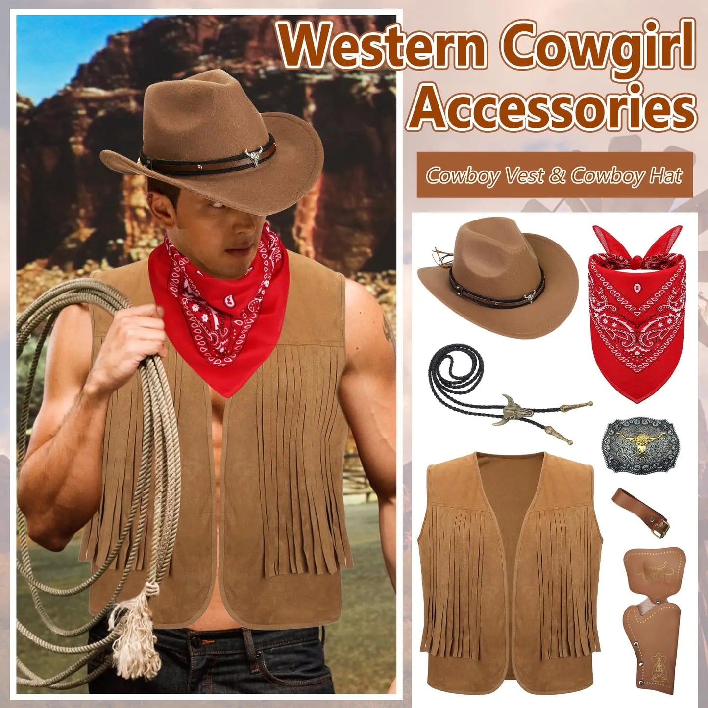 Famous Brown 7Pcs Western Cowboy Fancy Dress Set for Men Hippie Accessories Holsters for Adult Halloween Cosplay Carnival