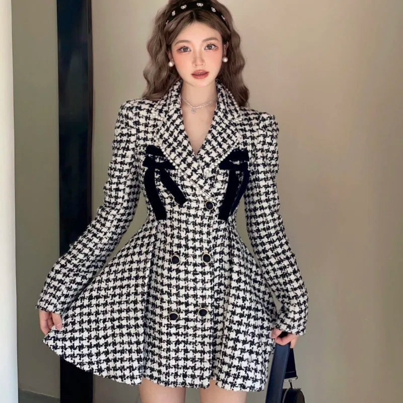 Famous Brown Autumn Winter 2025 New Houndstooth Coat Women's Overcoat Fashion Slim Sweet Double-Breasted Woolen Jacket Princess Suit Skirt