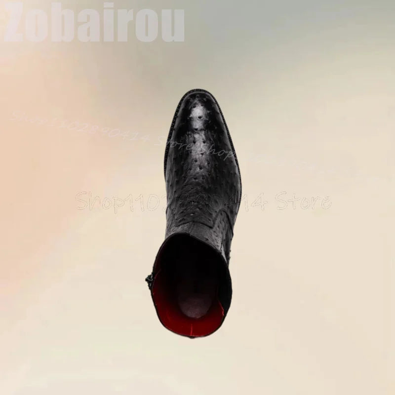 Famous Brown Black Ostrich Print Mid Calf Pointed Toe Boots Fashion Slip On Men Boots