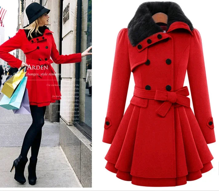 Women's Woolen Jacket Slimming Smooth Silhouette Medium Length Double Row Button Thickened Overcoat Belt