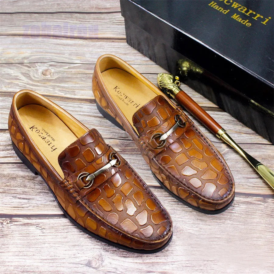 Famous Brown Black Brown Crocodile Embossed Loafer Shoes Genuine Leather Horse Buckle Men's One Step Lazy Shoes Business Casual Leather Shoes