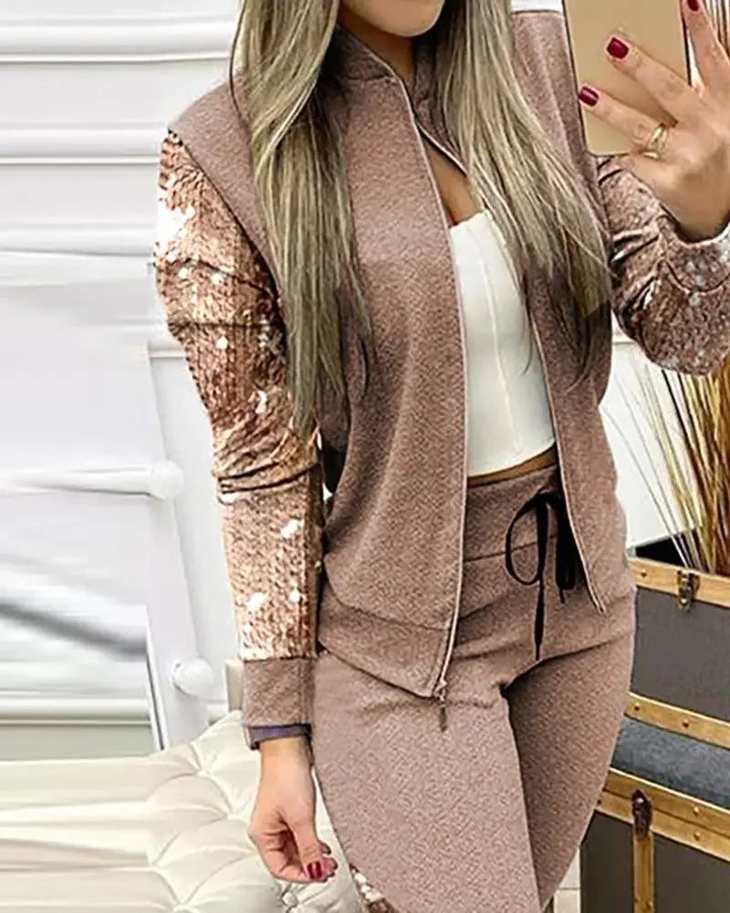 Famous Brown Women Two Piece Set Outfits Autumn Women's Tracksuit Zipper Top Pants Casual Sport Suit Winter 2 Piece Woman Set