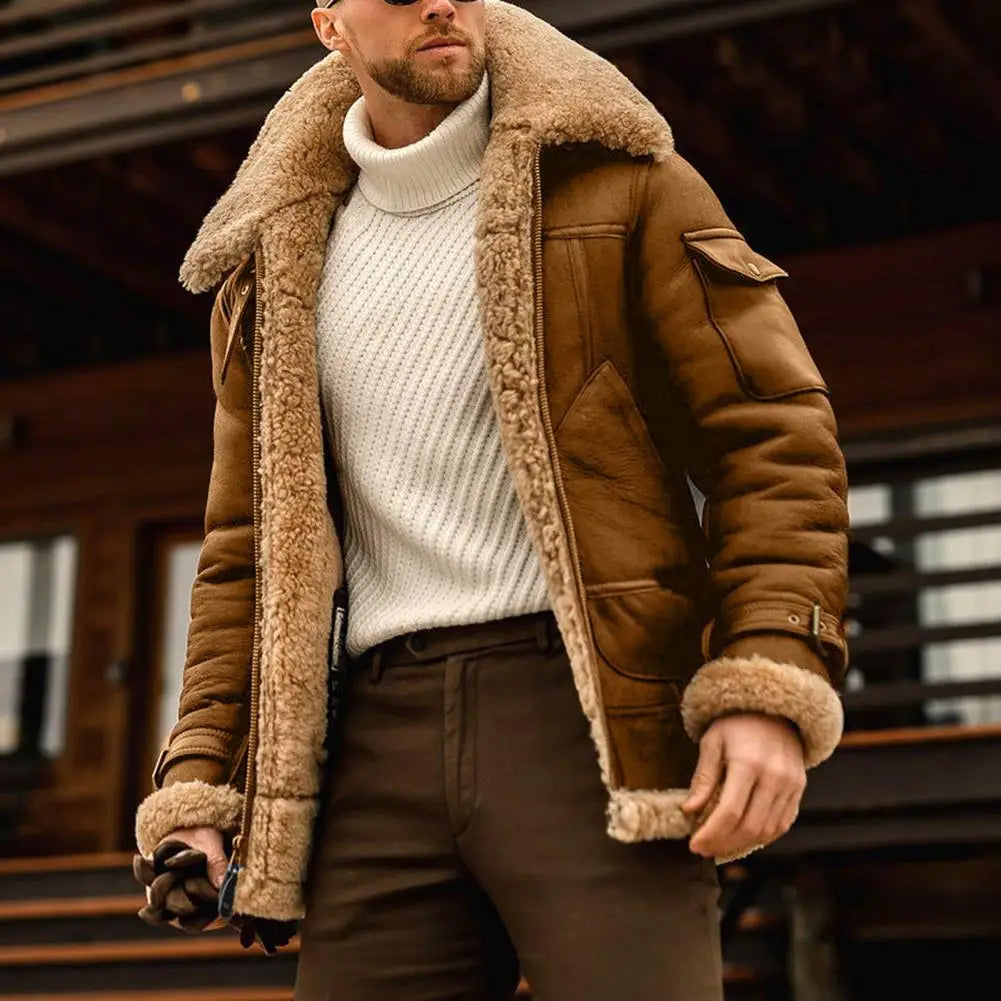 Famous Brown Faux Fur Faux Leather Men Jacket Thickened Plush Lining Winter Men Jackets Vintage Lapel Furry Coldproof Keep Warm Winter Coat