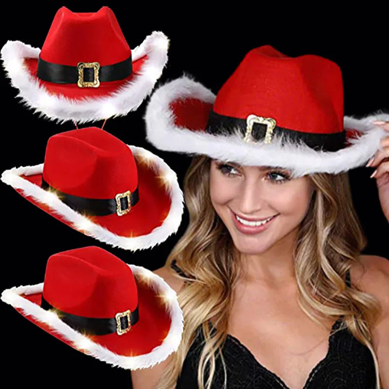 Famous Brown Santa Claus Party Christmas Luminous Cowboy Hat Western Red Felt Hats Wide Brim Cowgirl Hat Jazz Hat for Women Men