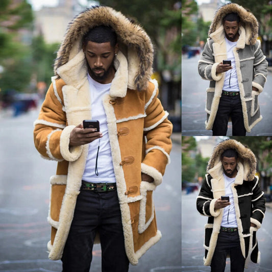 Famous Brown Men Winter Fashion Leather Jacket Casual Men Clothing Lamb Fur Hooded Jacket Fur Coats Punk Warm Leather Coat Windproof