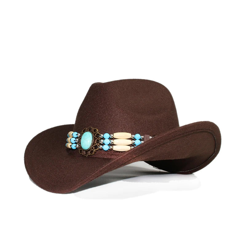 Famous Brown Retro Women Men /Kid Child Wool Wide Brim Cowboy Western Hat Cowgirl Bowler Cap Turquoise Beads Knitted Band (54-57-61cm)