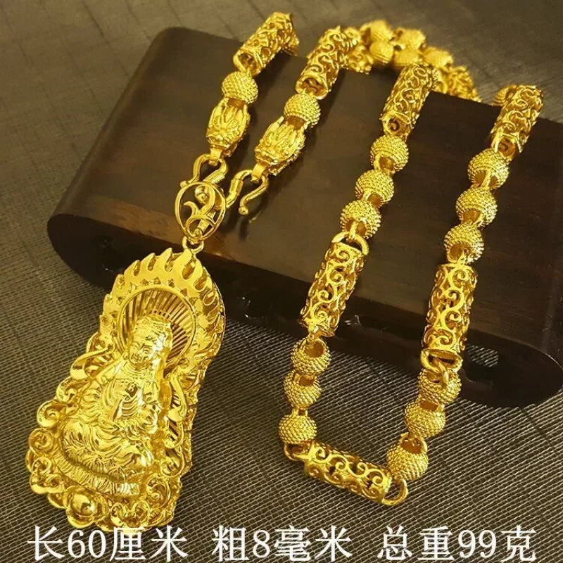 Famous Brown 24K Gold Necklace Men Dragon Guan Gong Pendant 9999 Real Gold Necklace