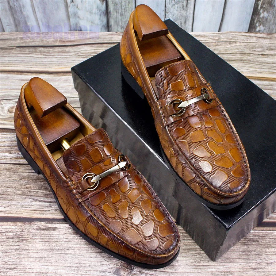 Famous Brown Black Brown Crocodile Embossed Loafer Shoes Genuine Leather Horse Buckle Men's One Step Lazy Shoes Business Casual Leather Shoes