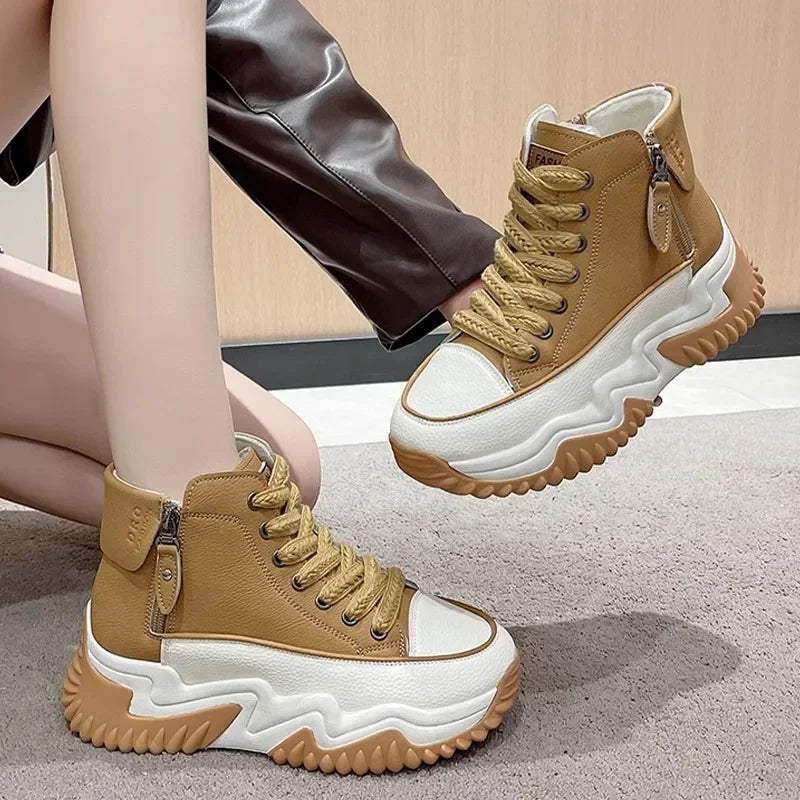 Famous Brown Women The New Platform Sneakers Black Shoes Spring Autumn Genuine Leather Trainers Keep Warm Fashion Boots Winter Booties botas