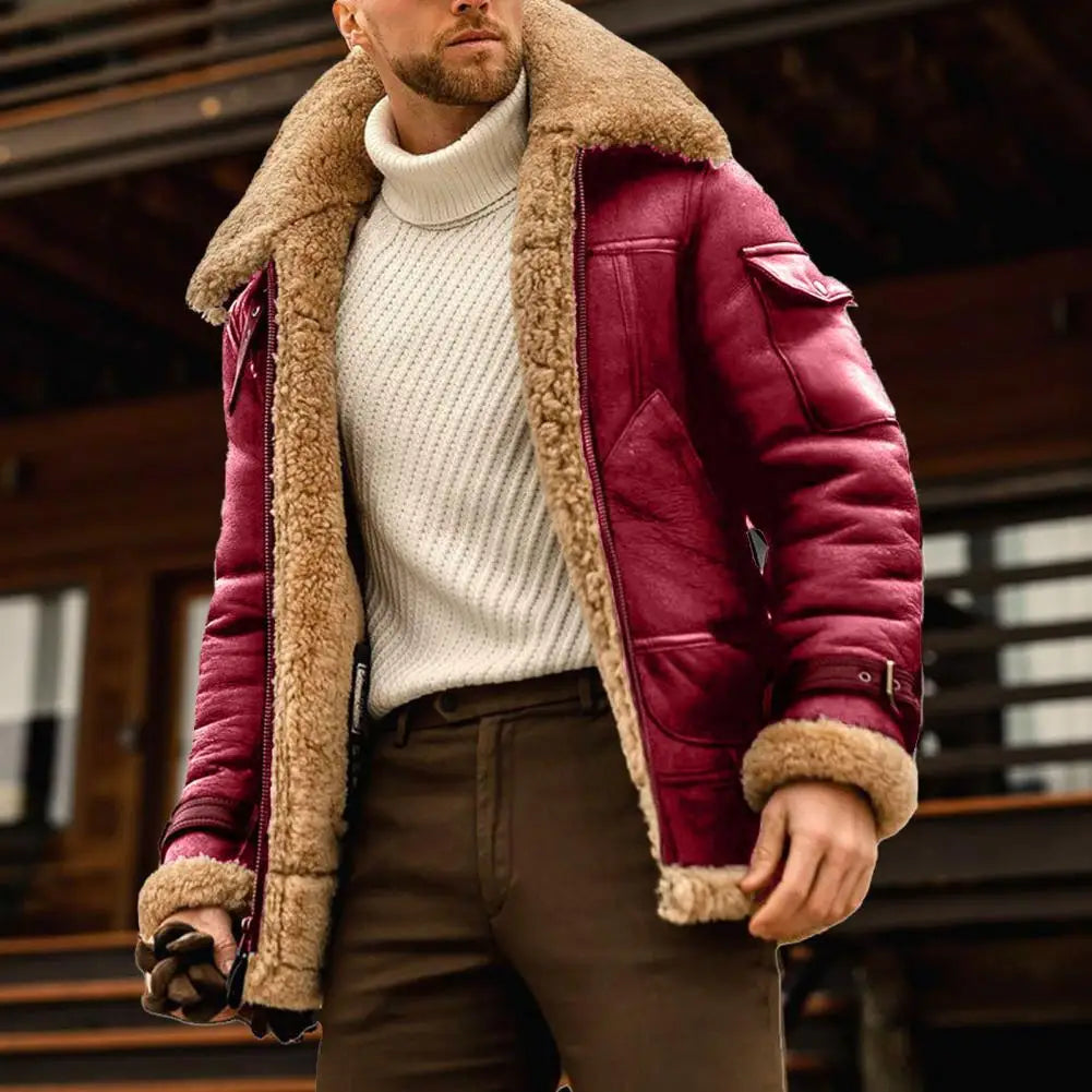 Famous Brown Faux Fur Faux Leather Men Jacket Thickened Plush Lining Winter Men Jackets Vintage Lapel Furry Coldproof Keep Warm Winter Coat