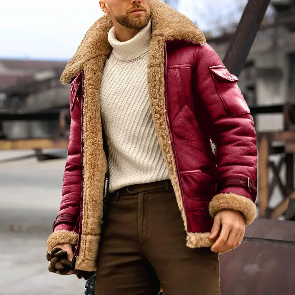 Famous Brown Faux Fur Faux Leather Men Jacket Thickened Plush Lining Winter Men Jackets Vintage Lapel Furry Coldproof Keep Warm Winter Coat