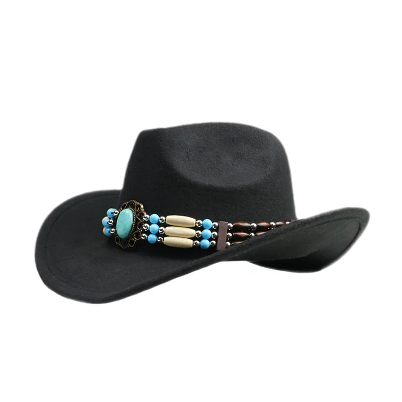 Famous Brown Retro Women Men /Kid Child Wool Wide Brim Cowboy Western Hat Cowgirl Bowler Cap Turquoise Beads Knitted Band (54-57-61cm)