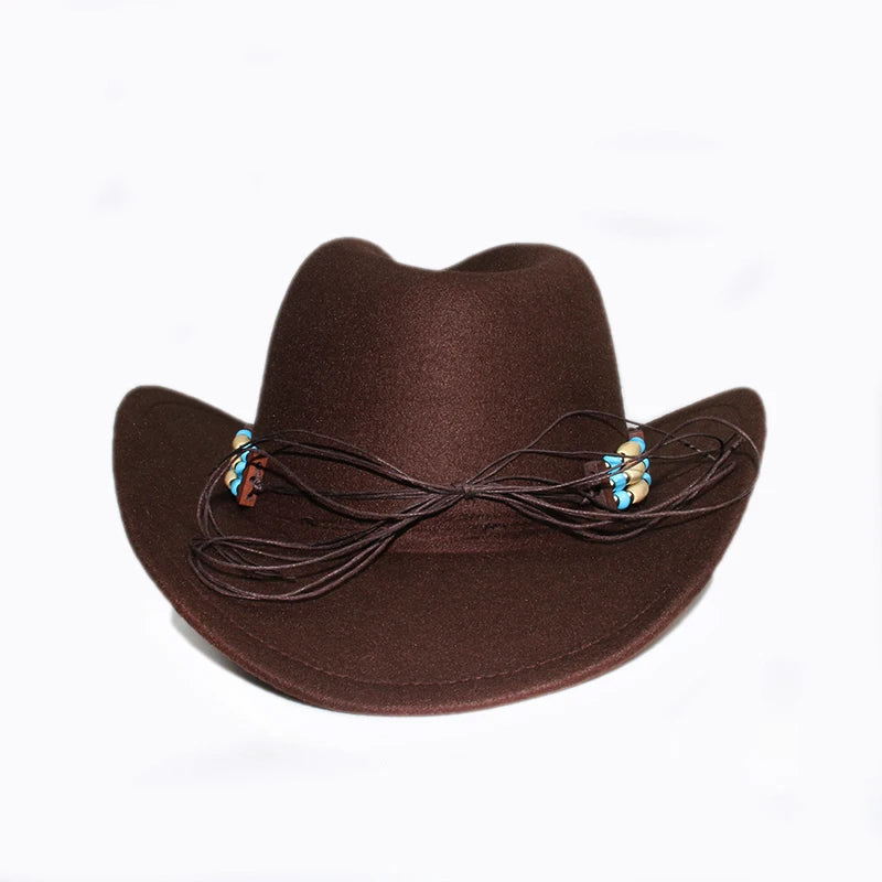 Famous Brown Retro Women Men /Kid Child Wool Wide Brim Cowboy Western Hat Cowgirl Bowler Cap Turquoise Beads Knitted Band (54-57-61cm)