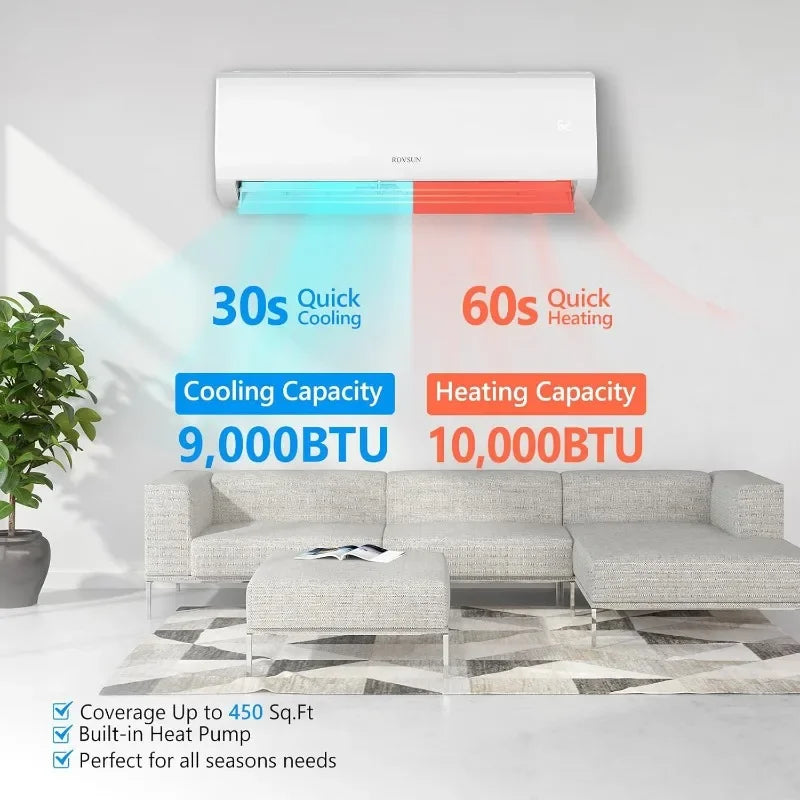 9000BTU Wifi Enabled Mini Split Air Conditioner & Heater, 19 SEER 115V Energy Saving Inverter Ductless Wall AC Unit with