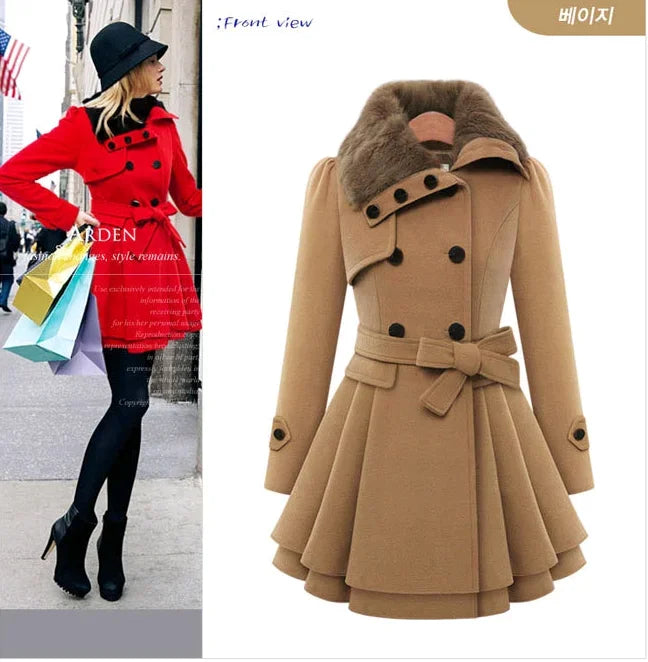 Women's Woolen Jacket Slimming Smooth Silhouette Medium Length Double Row Button Thickened Overcoat Belt