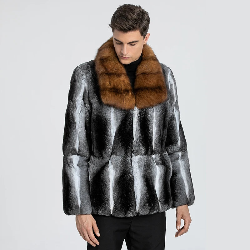 Famous Brown Fur Lover Winter Men's Real Chinchilla Fur Full Skin Overcoat Authentic Chinchilla Fur Long Coat With Genuine Sable Fur Collar