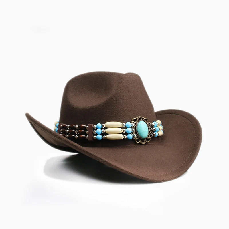 Famous Brown Retro Women Men /Kid Child Wool Wide Brim Cowboy Western Hat Cowgirl Bowler Cap Turquoise Beads Knitted Band (54-57-61cm)