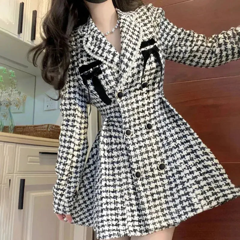 Famous Brown Autumn Winter 2025 New Houndstooth Coat Women's Overcoat Fashion Slim Sweet Double-Breasted Woolen Jacket Princess Suit Skirt