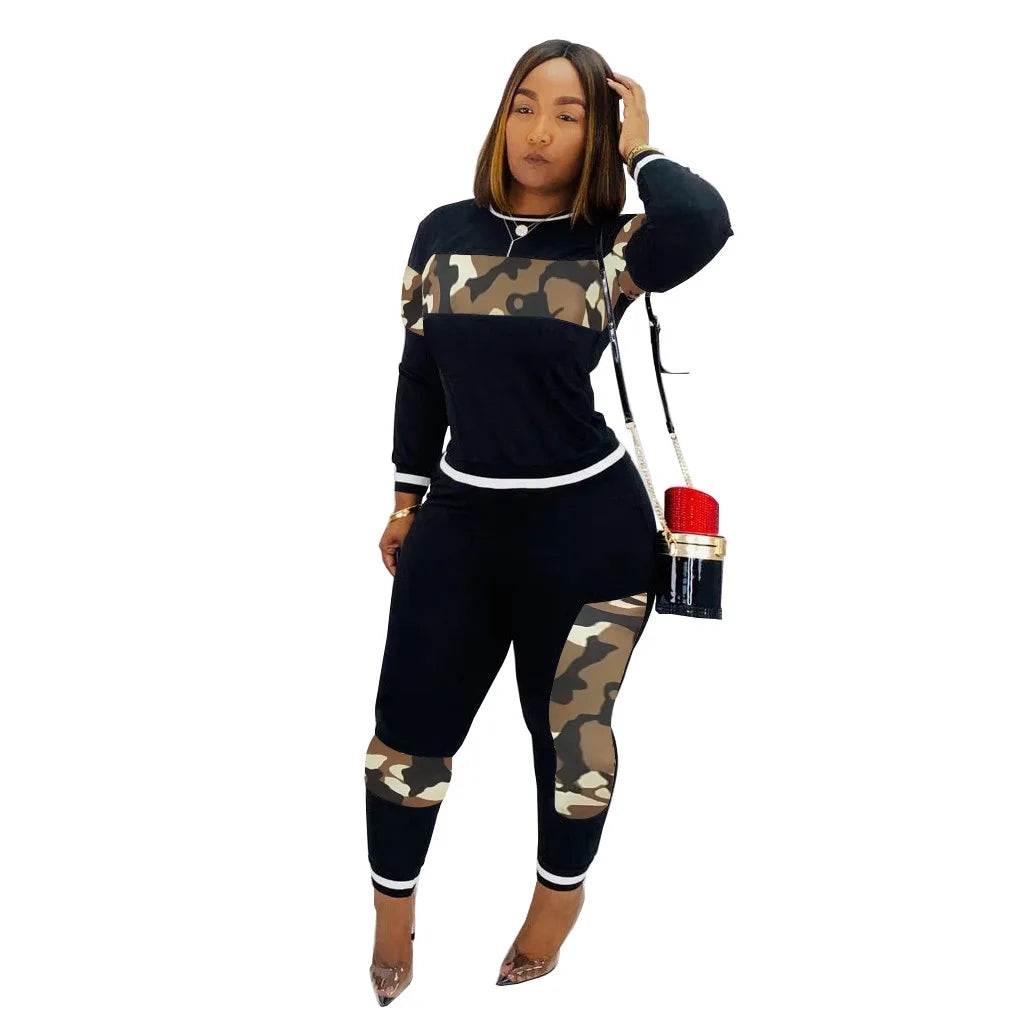 Famous Brown  Leopard Camouflage Two Pieces Set Women's Sports Suit Long Sleeve Sweatshirt And Sweatpants Casual Tracksuit Jogging suit