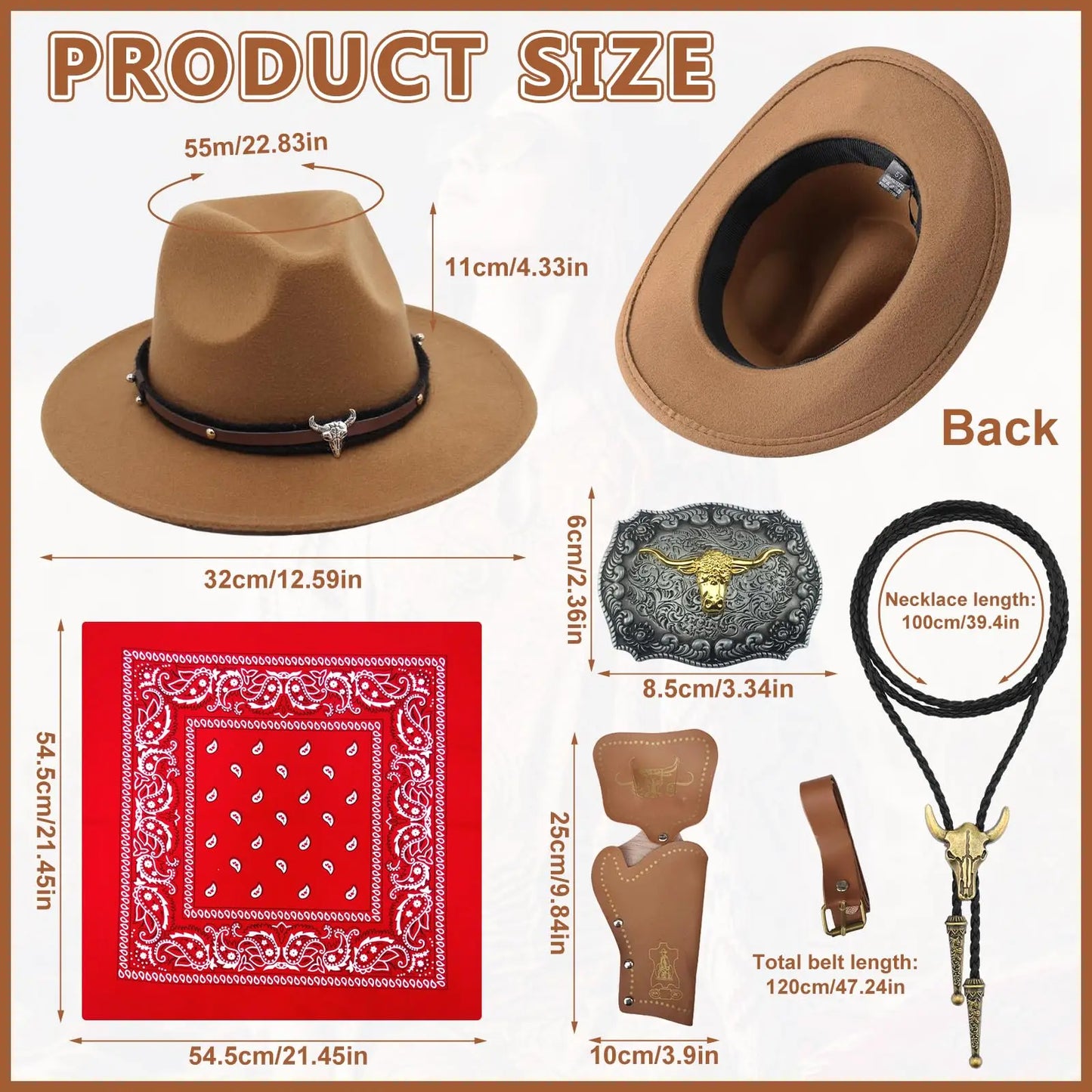 Famous Brown 7Pcs Western Cowboy Fancy Dress Set for Men Hippie Accessories Holsters for Adult Halloween Cosplay Carnival