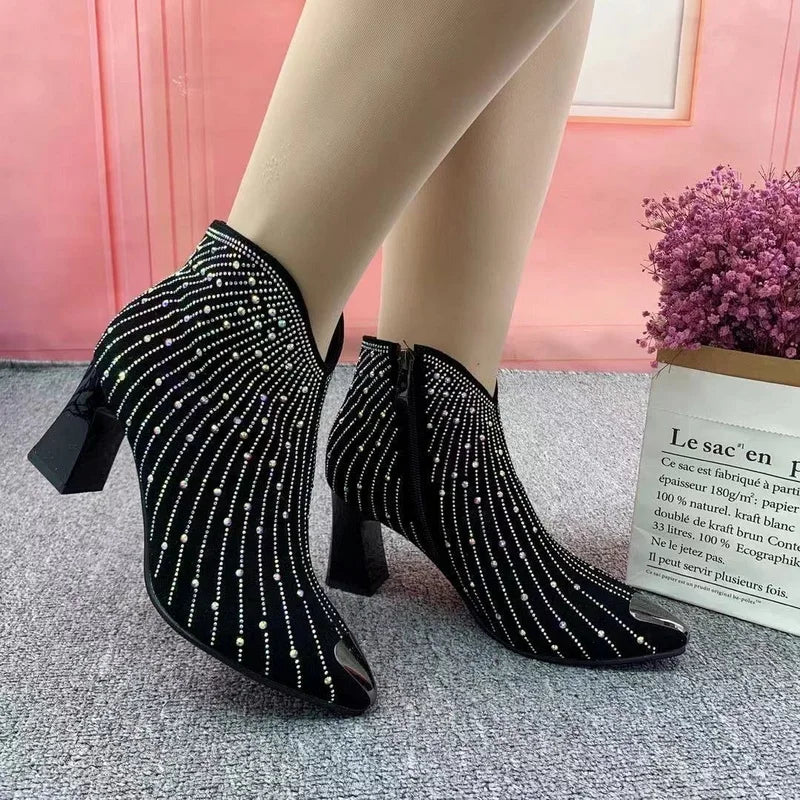 2024 New Women Rhinestone Ankle Boots,Fashion Autumn/Winter Shoes,Shine Short Botas,Side Zip,Pointed Toe,Black