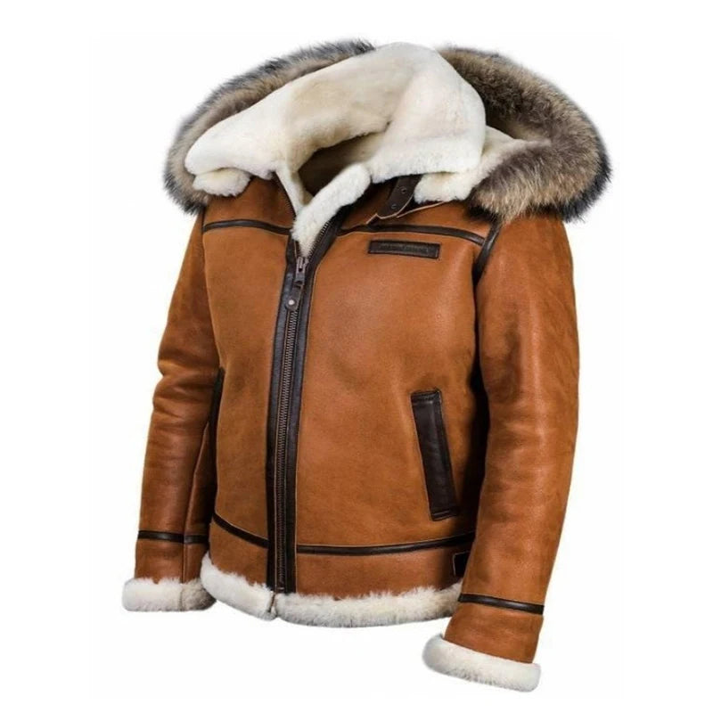 Famous Brown Plush Jacket Men Integrated Leather Fur Comfortable Thick Insulation Long Sleeved Solid Color Casual Versatile Zippered Jacket