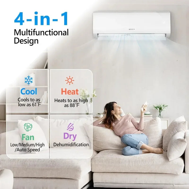 9000BTU Wifi Enabled Mini Split Air Conditioner & Heater, 19 SEER 115V Energy Saving Inverter Ductless Wall AC Unit with