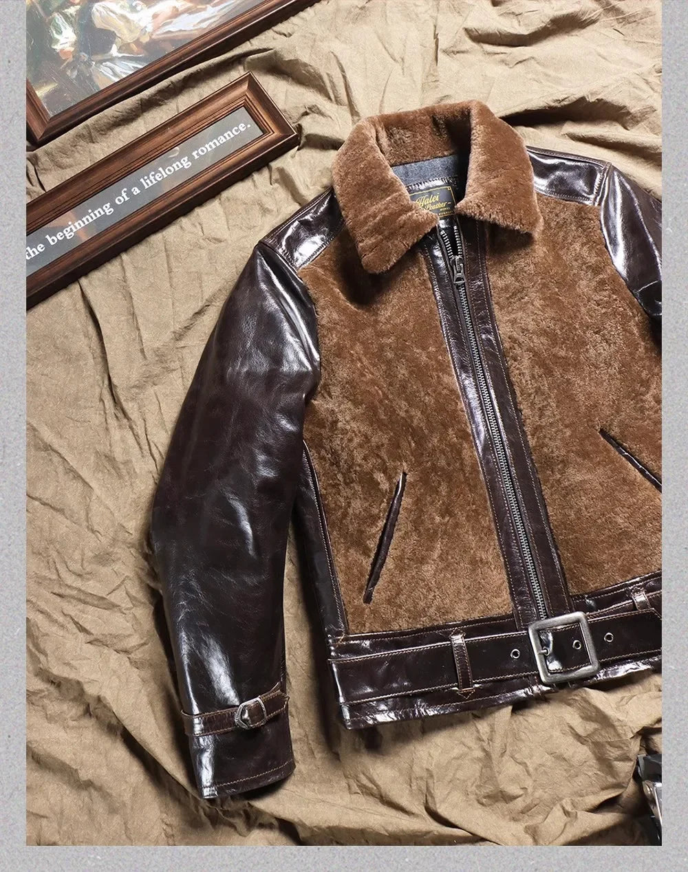 100% real fur jacket.winter warm thick leather coat.Vintage Motor Rider leather cloth.Fashion outdoor