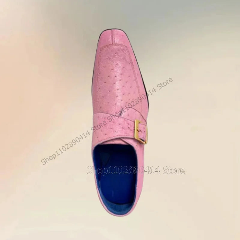 Pink Ostrich Print Buckle Decor Sewing Design Men Shoes Fashion Slip On Male Shoes Luxury Handmade Party Feast Men Casual Shoes