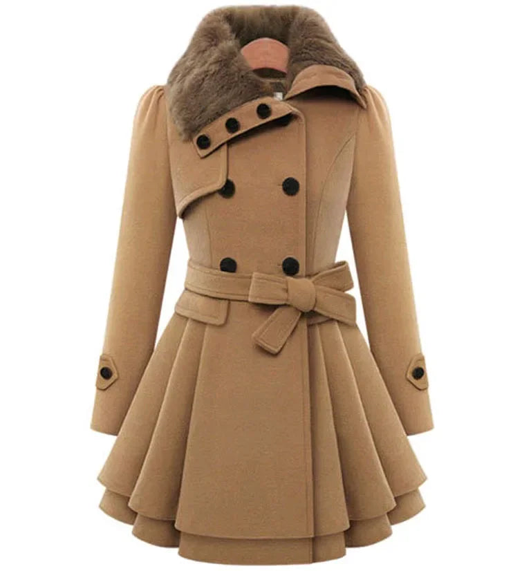 Women's Woolen Jacket Slimming Smooth Silhouette Medium Length Double Row Button Thickened Overcoat Belt