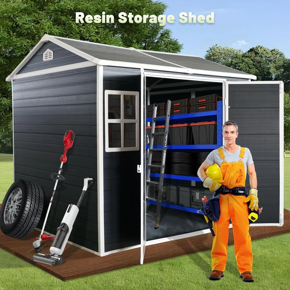 8x6 FT Resin Storage Sheds Outdoor with Floor Included,Outdoor Storage Clearance with Door, Storage Sheds for Garden Tools