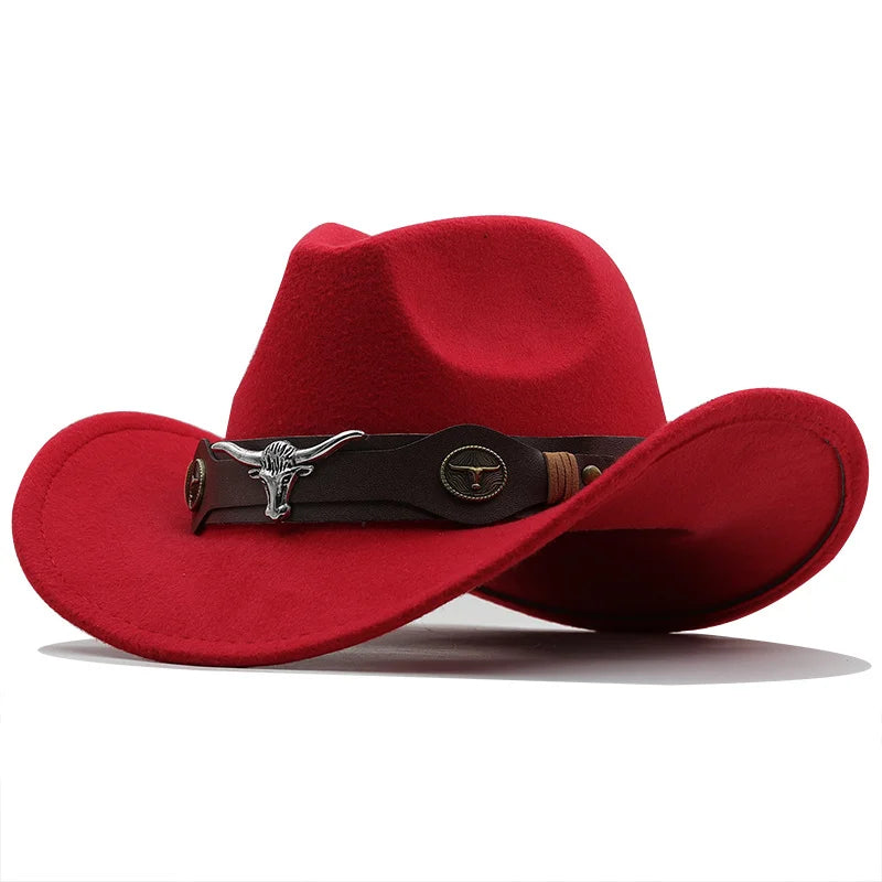 Women/ Men Red Wool Chapeu Western Cowboy Hat Gentleman Jazz Sombrero Hombre Cap Dad Cowgirl Hats Size 56-58cm