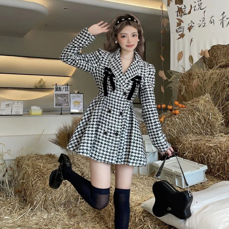 Famous Brown Autumn Winter 2025 New Houndstooth Coat Women's Overcoat Fashion Slim Sweet Double-Breasted Woolen Jacket Princess Suit Skirt