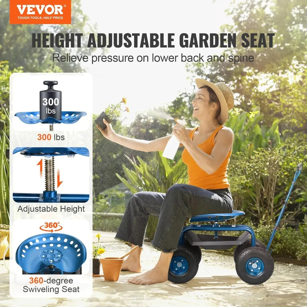 Rolling Garden Work Seat, Gardening Stool for Planting, 360 Degree Swivel Seat, Garden Scooter with Steering Handle and Tool Tra