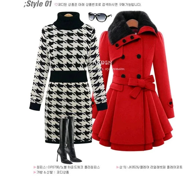 Women's Woolen Jacket Slimming Smooth Silhouette Medium Length Double Row Button Thickened Overcoat Belt