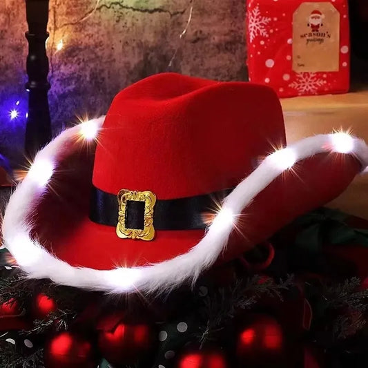 Famous Brown Santa Claus Party Christmas Luminous Cowboy Hat Western Red Felt Hats Wide Brim Cowgirl Hat Jazz Hat for Women Men