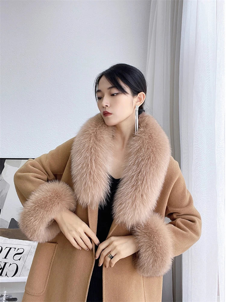 Famous Brown Winter 100% Natural Real Fox Fur Collar Scarf Women Neck Warm Scarves Shawl Fashion Coat Decorate Sleeves Fox Fur Cuffs One Set