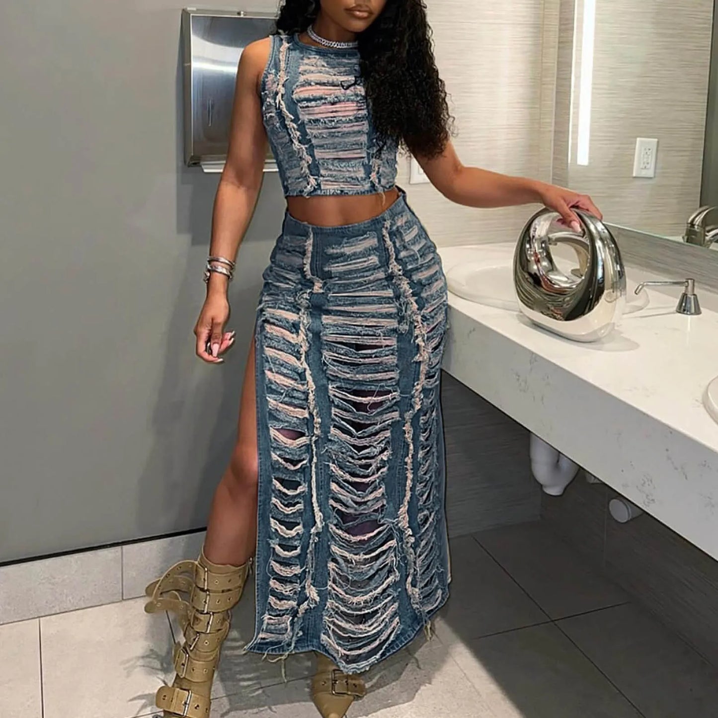 Streetwear Ripped Hole Denim Two Piece Set for Women Y2K Birthday Outfits Sleeveless Crop Top and Side Slit Long Skirt Sets Jean