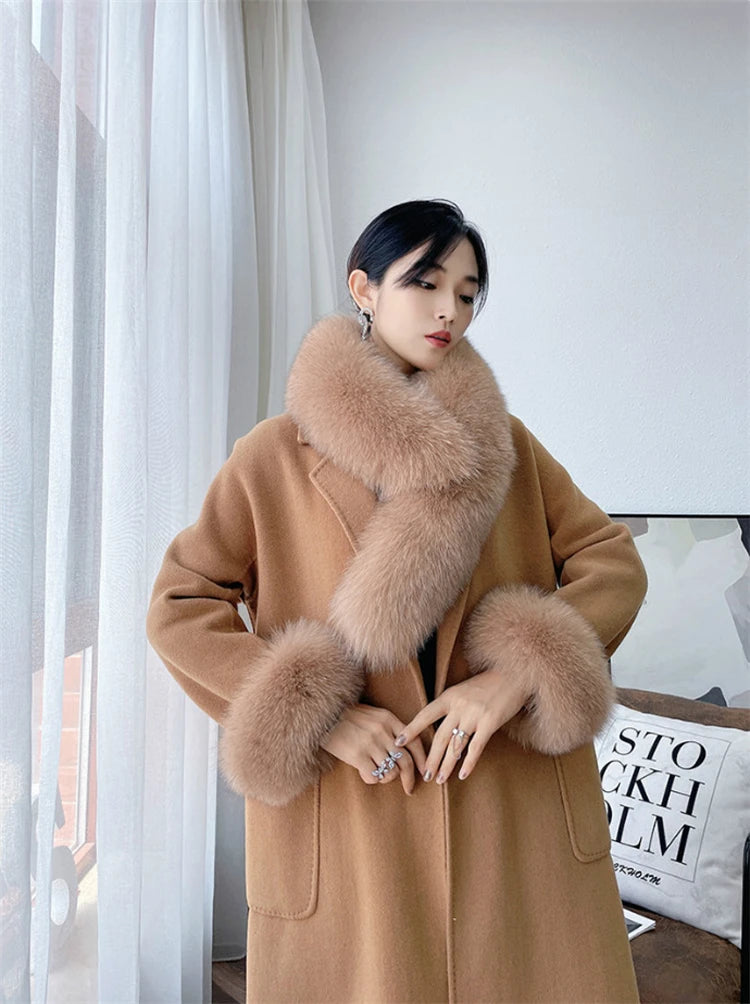 Famous Brown Winter 100% Natural Real Fox Fur Collar Scarf Women Neck Warm Scarves Shawl Fashion Coat Decorate Sleeves Fox Fur Cuffs One Set