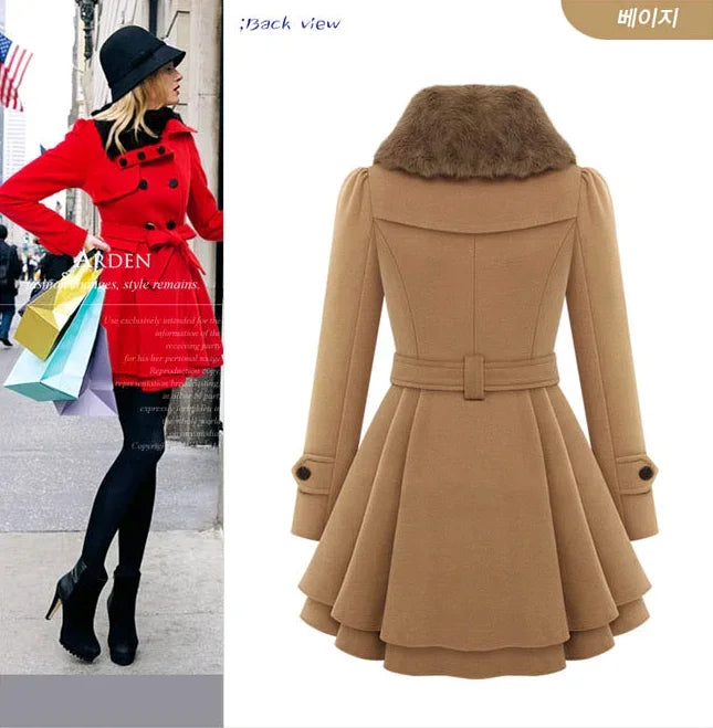 Women's Woolen Jacket Slimming Smooth Silhouette Medium Length Double Row Button Thickened Overcoat Belt