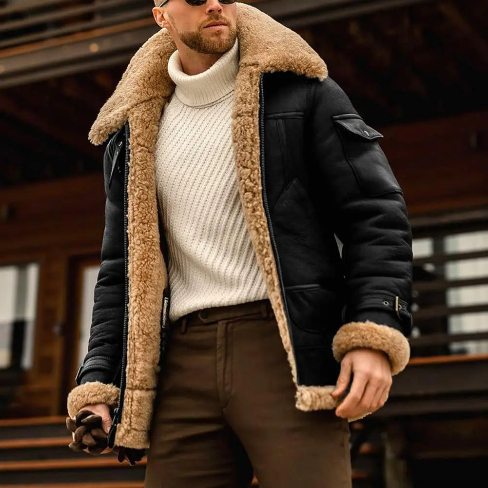 Famous Brown Faux Fur Faux Leather Men Jacket Thickened Plush Lining Winter Men Jackets Vintage Lapel Furry Coldproof Keep Warm Winter Coat