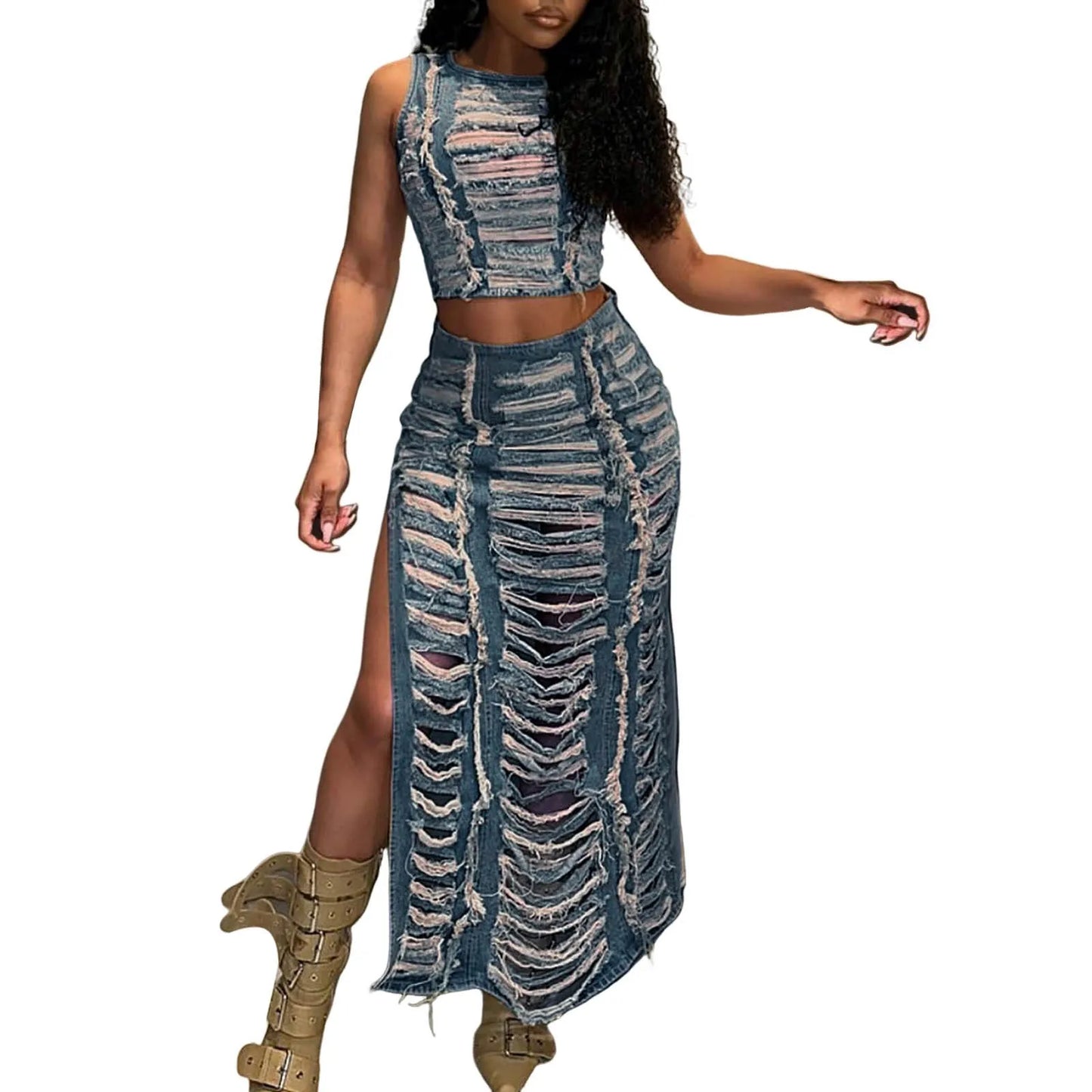 Streetwear Ripped Hole Denim Two Piece Set for Women Y2K Birthday Outfits Sleeveless Crop Top and Side Slit Long Skirt Sets Jean