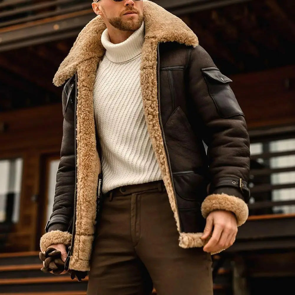 Famous Brown Faux Fur Faux Leather Men Jacket Thickened Plush Lining Winter Men Jackets Vintage Lapel Furry Coldproof Keep Warm Winter Coat