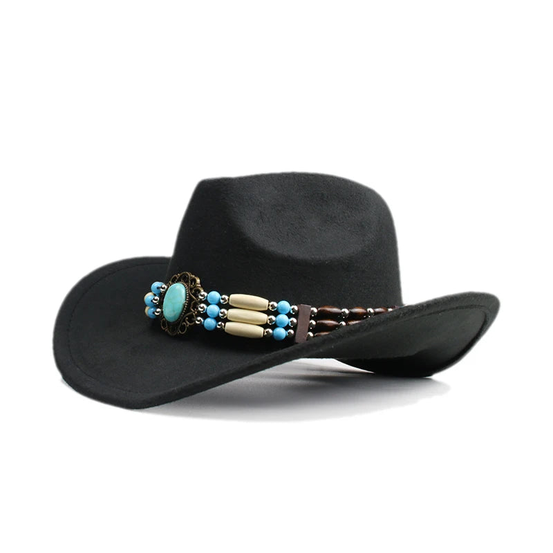 Famous Brown Retro Women Men /Kid Child Wool Wide Brim Cowboy Western Hat Cowgirl Bowler Cap Turquoise Beads Knitted Band (54-57-61cm)